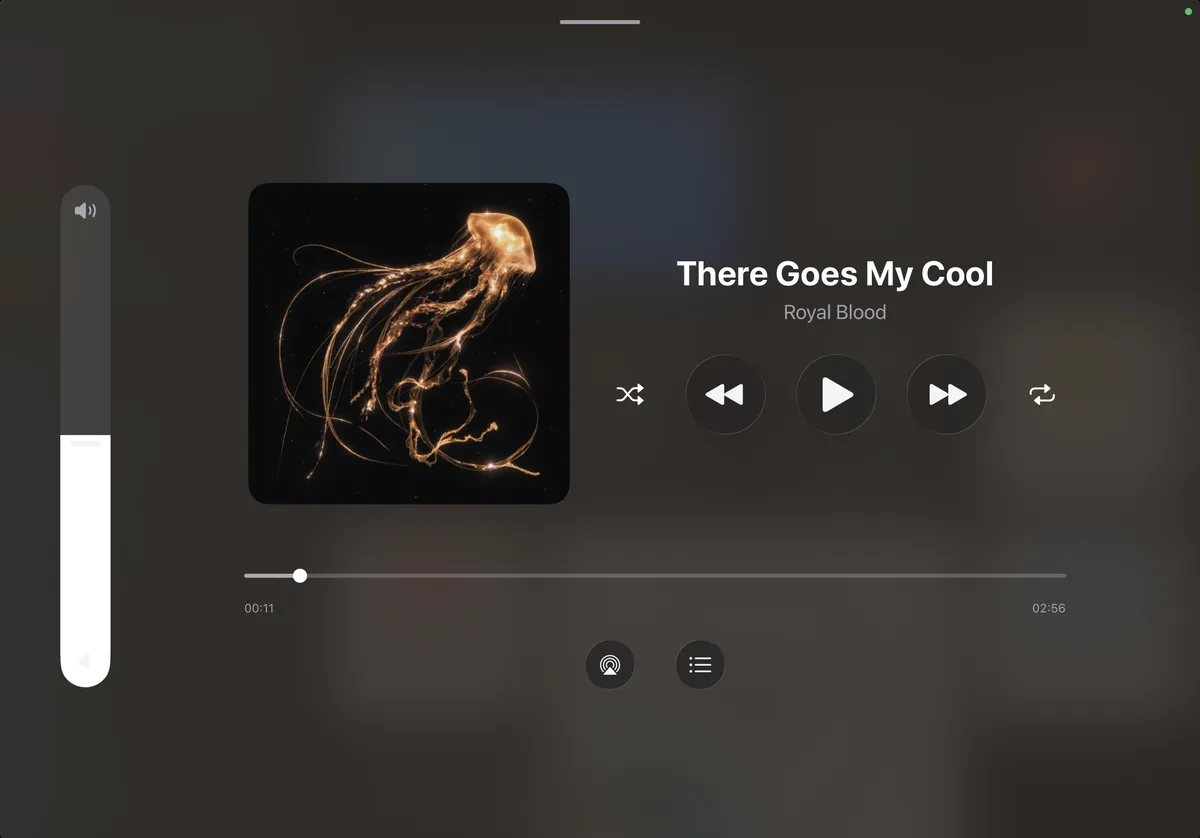 The HomePad full screen player with album art, transport controls and volume